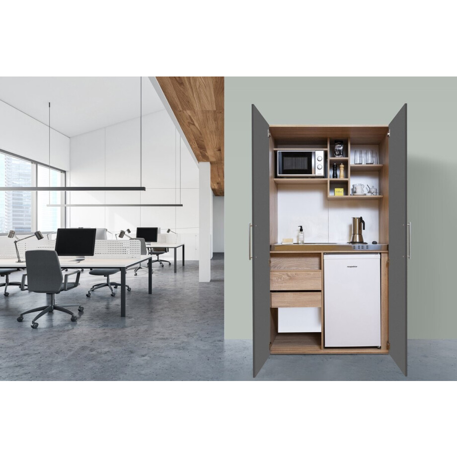 Goedkope keuken 104  cm - mini keuken met apparatuur Peter - Eiken/Grijs - keramische kookplaat  - koelkast        - magnetron - kleine keuken - compacte keuken - keukenblok met apparatuur afbeelding 1