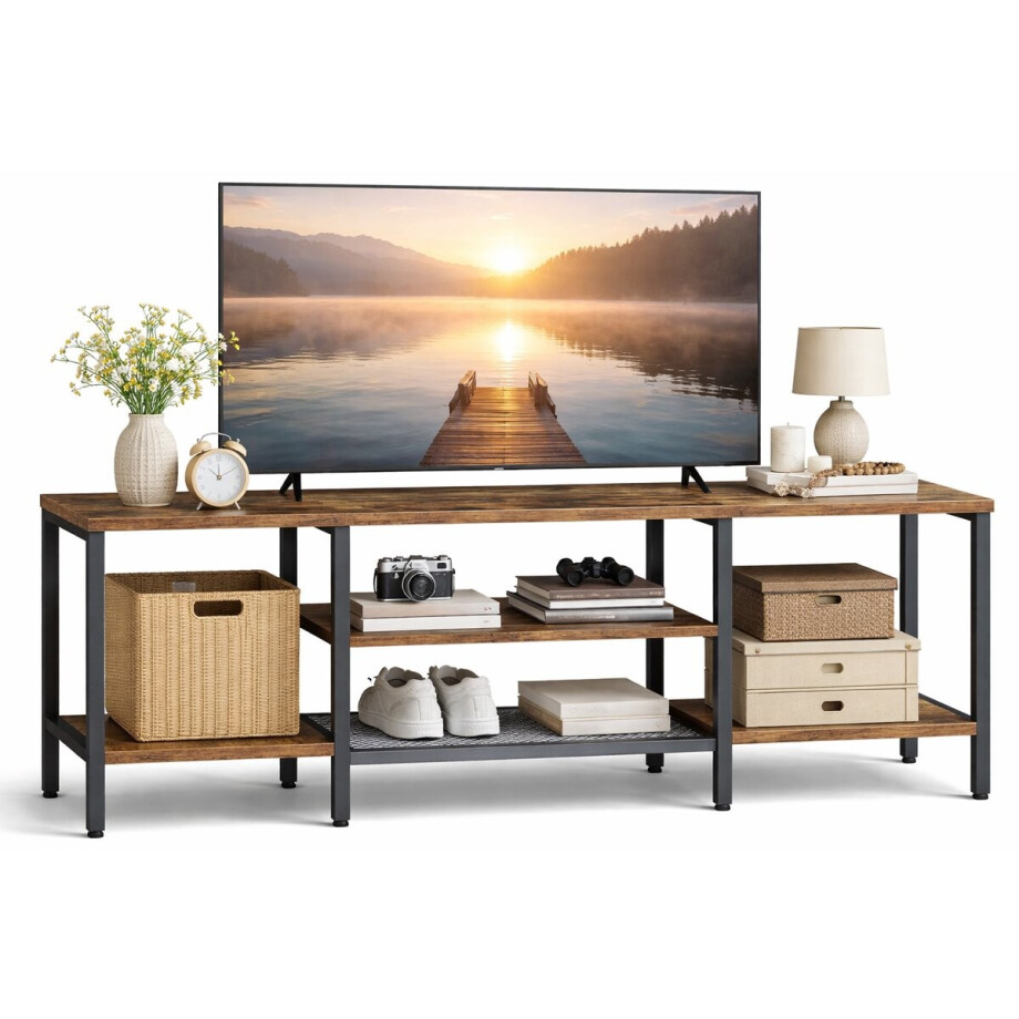 Signature Home TV-meubel 140 cm - industriële tv-kast met 3 niveaus - voor tv's tot 65 inch - multifunctionele tv-kast - retrobruin en zwart afbeelding 1