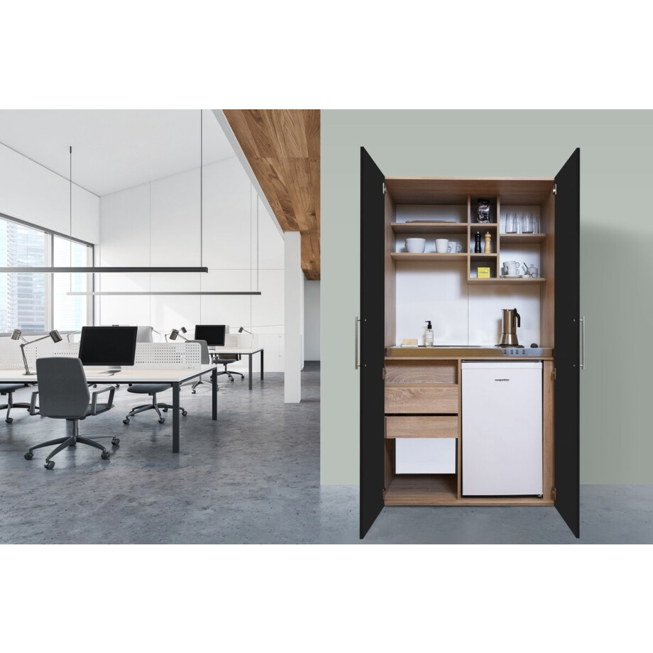 Goedkope keuken 104 cm - mini keuken met apparatuur Peter - Eiken/Zwart - keramische kookplaat - koelkast - kleine keuken - compacte keuken - keukenblok met apparatuur Goedkope keuken 104 cm - mini keuken met apparatuur Peter - Eiken/Zwart - keramische kookplaat - koelkast - kleine keuken - compacte keuken - keukenblok met apparatuur afbeelding 1