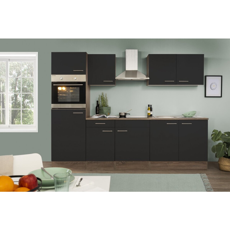 Goedkope keuken 270 cm - complete keuken met apparatuur Oliver - Donker eiken/Zwart - keramische kookplaat - afzuigkap - oven - spoelbak afbeelding 1