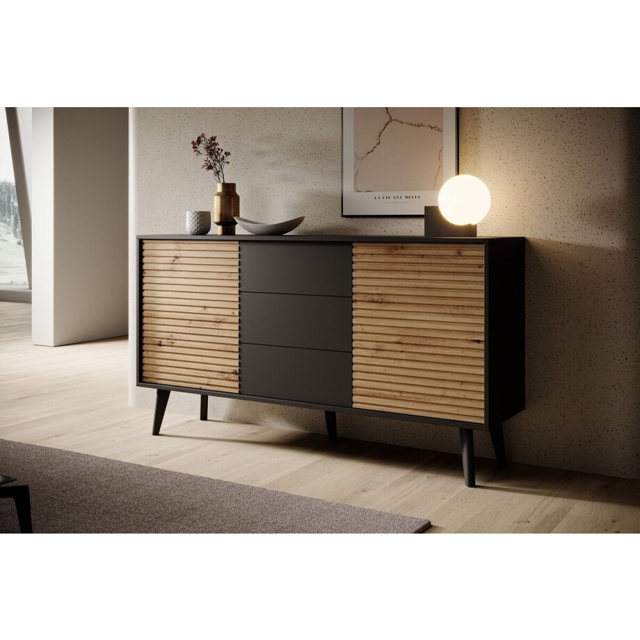 Meubella - Dressoir Palladium - Eiken - Zwart - 154 cm - met lades afbeelding 1