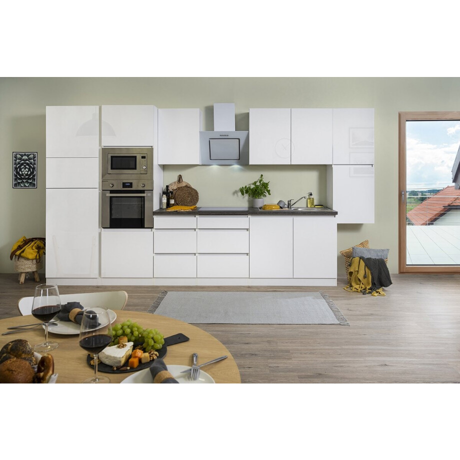 Goedkope keuken 385  cm - complete keuken met apparatuur Lorena  - Wit/Wit - soft close - keramische kookplaat    - afzuigkap - oven - magnetron  - spoelbak afbeelding 1