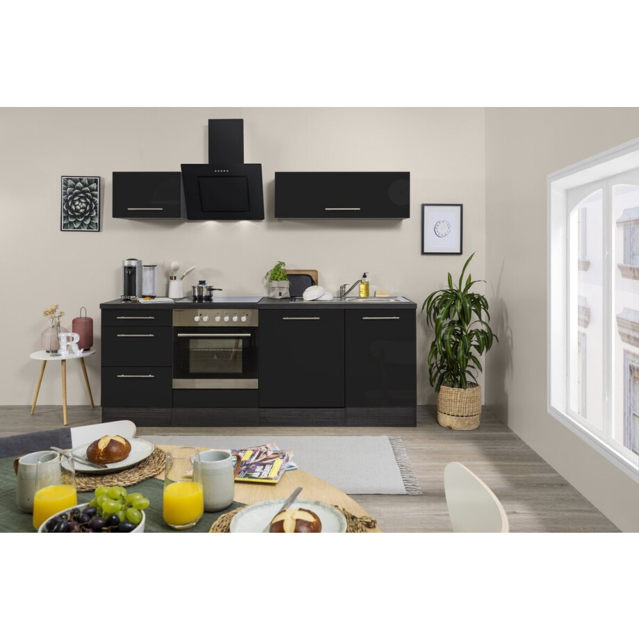 Goedkope keuken 220  cm - complete keuken met apparatuur Amanda  - Eiken/Zwart - soft close - keramische kookplaat - vaatwasser - afzuigkap - oven    - spoelbak afbeelding 1