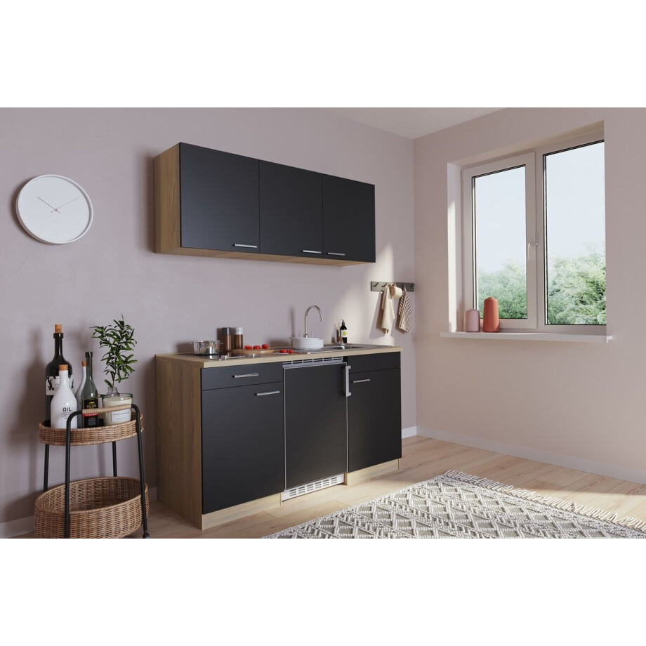 Goedkope keuken 150 cm - complete kleine keuken met apparatuur Luis - Eiken/Zwart - keramische kookplaat - koelkast - mini keuken - compacte keuken - keukenblok met apparatuur Goedkope keuken 150 cm - complete kleine keuken met apparatuur Luis - Eiken/Zwart - keramische kookplaat - koelkast - mini keuken - compacte keuken - keukenblok met apparatuur afbeelding 1