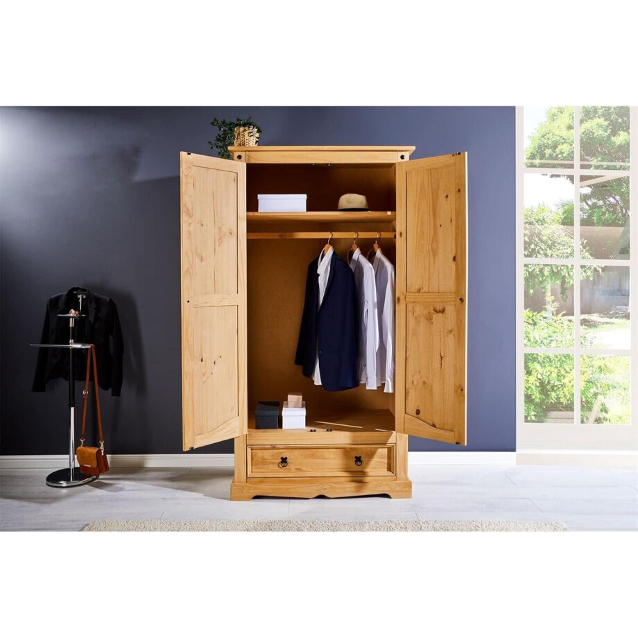 Kledingkast 100 x 190 x 56 cm – Massief Grenen – 2-Deurs Garderobekast met Lade en Kledingstang – Mexico Stijl – Gebeitst & Gewaxt – Abkantoor afbeelding 1