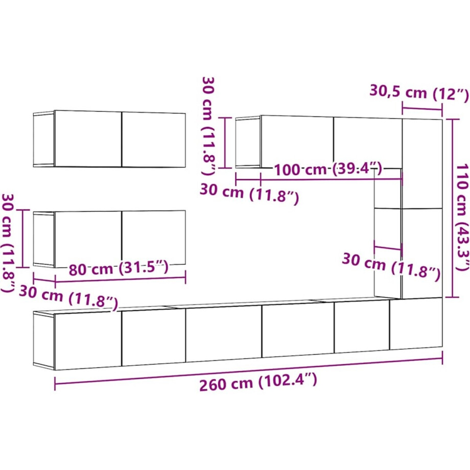 vidaXL - 7-delig - Tv-meubelset - wandmontage - bewerkt - hout - artisanaal - eiken afbeelding 1
