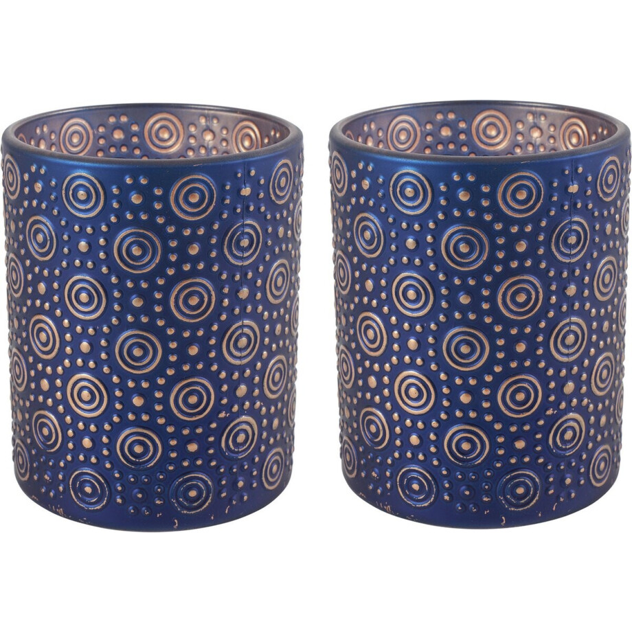 Countryfield Luxe theelichthouder - 2x stuks - Fantasy - glas - nachtblauw/goud - D8 x H10 cm afbeelding 1