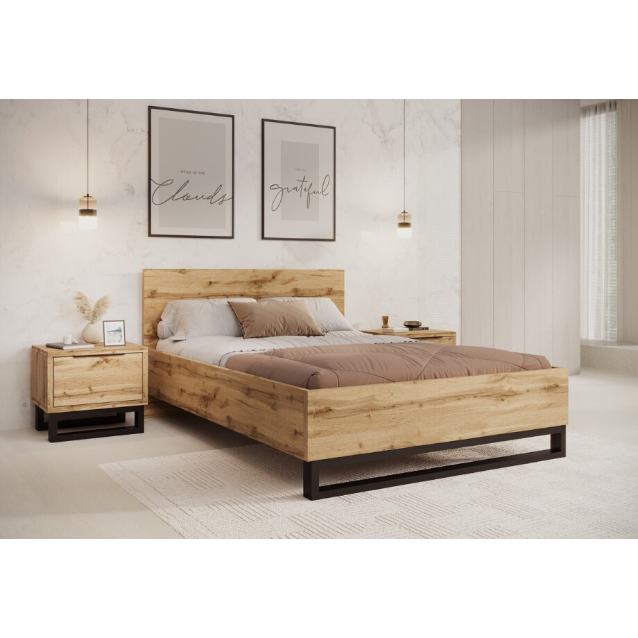 Meubella - Tweepersoonsbed Harlow - Eiken - 140x200 cm Meubella - Tweepersoonsbed Harlow - Eiken - 140x200 cm afbeelding 1