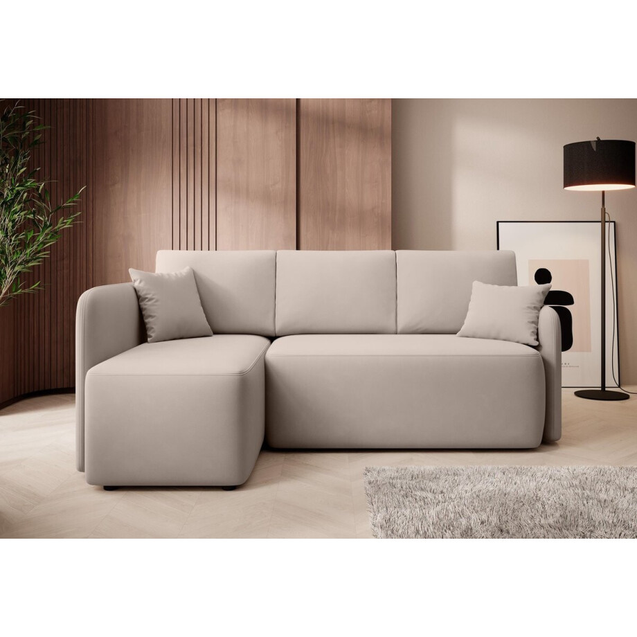 Hadson hoekbank met slaapfunctie en beddengoedcontainer, linkerkant, 206 cm x 150 cm, veloursstof, kleur beige Hadson hoekbank met slaapfunctie en beddengoedcontainer, linkerkant, 206 cm x 150 cm, veloursstof, kleur beige afbeelding 1