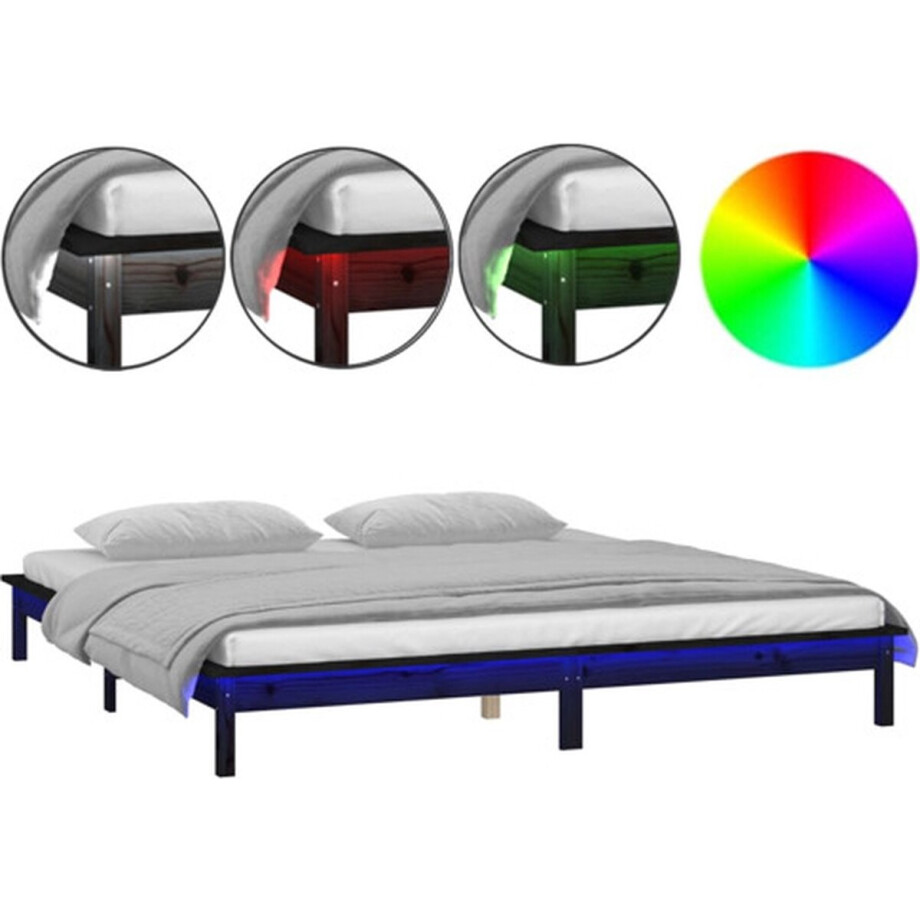 vidaXL - Bedframe - LED - massief - hout - zwart - 200x200 - cm vidaXL - Bedframe - LED - massief - hout - zwart - 200x200 - cm afbeelding 1