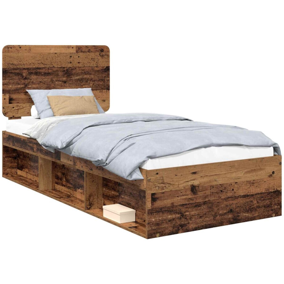 vidaXL - Bedframe - met - hoofdeinde - Oudhout - 75 - x - 190 - cm - Massief - grenenhout afbeelding 1