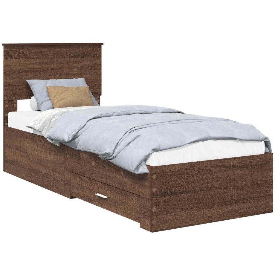 vidaXL - Bedframe - met - lade - Bruine - Eik - en - Zilver - 75 - x - 190 - cm - Bewerkt - hout afbeelding 1