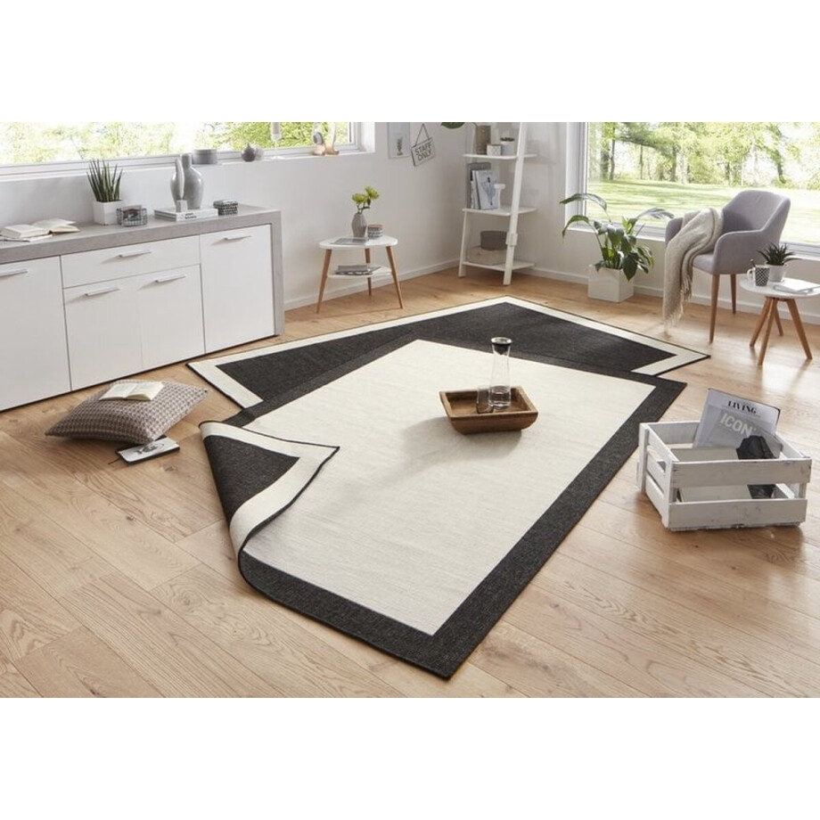 Flycarpets Omkeerbaar Vloerkleed - Binnen & Buitenkleed Panama- Zwart / Creme - 80x350 cm afbeelding 1