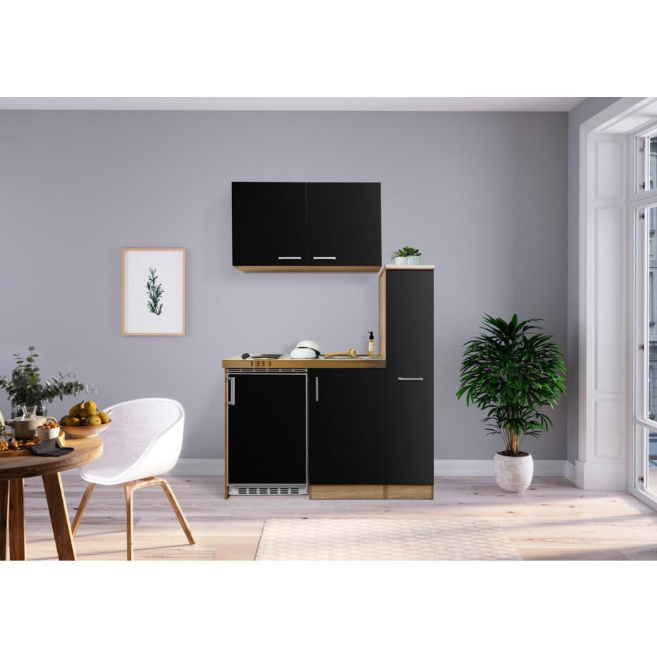 Goedkope keuken 130 cm - mini keuken met apparatuur Levin - Eiken/Zwart - elektrische kookplaat - koelkast - kleine keuken - compacte keuken - keukenblok met apparatuur Goedkope keuken 130 cm - mini keuken met apparatuur Levin - Eiken/Zwart - elektrische kookplaat - koelkast - kleine keuken - compacte keuken - keukenblok met apparatuur afbeelding 1