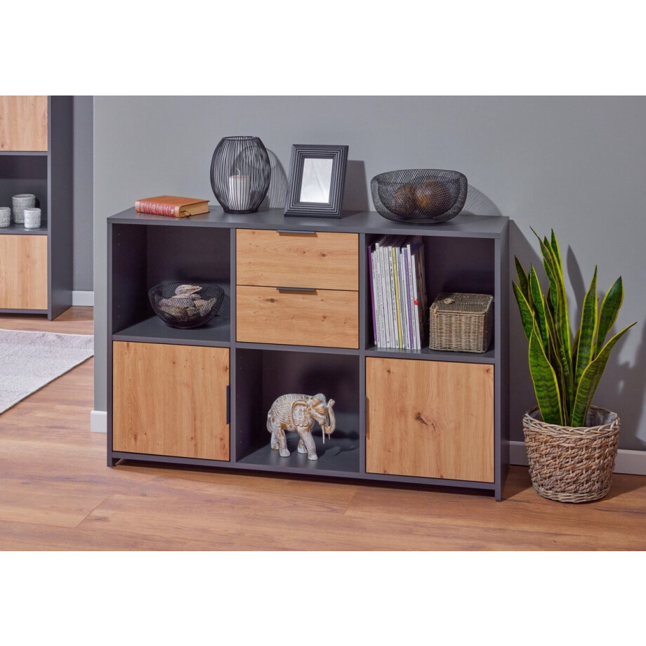 Multifunctionele kast Pepeto | 120 x 30 x 77 cm | Open en gesloten opbergruimte | Kleur: Antraciet - Interlink - Kasten - Bruin; Antraciet - MDF - Kasten - afbeelding 1