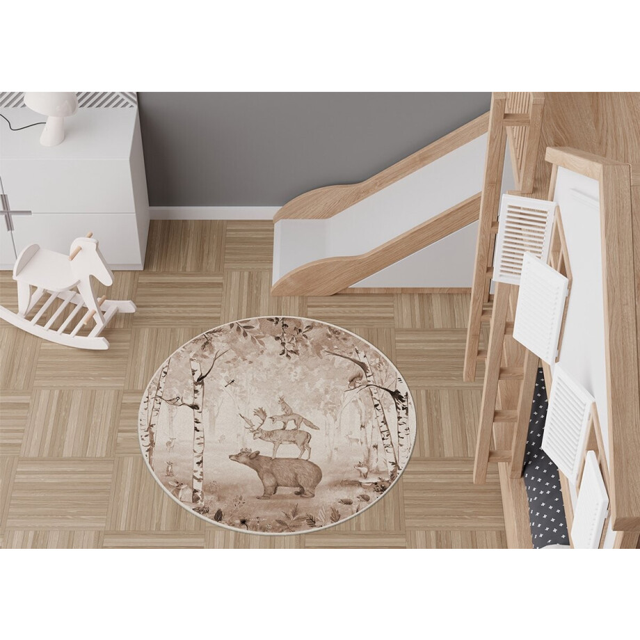 Vloerkleed Bear King brown Kikki Belle-kinderkamer-bosdieren-beer-hert-vos-konijn-kinderkameraccessoires-stoffen kleed-rond-100cm afbeelding 1