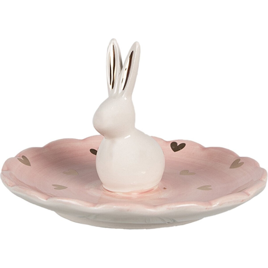 Clayre & Eef Schaaltje Konijn Ø 14x9 cm Roze Keramiek Hartjes afbeelding 1