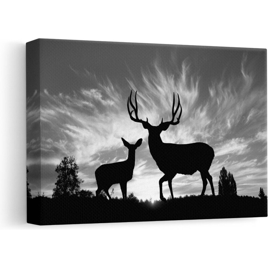 Artaza Canvas Schilderij Herten Silhouet bij Zonsondergang  - Zwart Wit - 30x20 - Klein - Foto Op Canvas - Canvas Print afbeelding 1