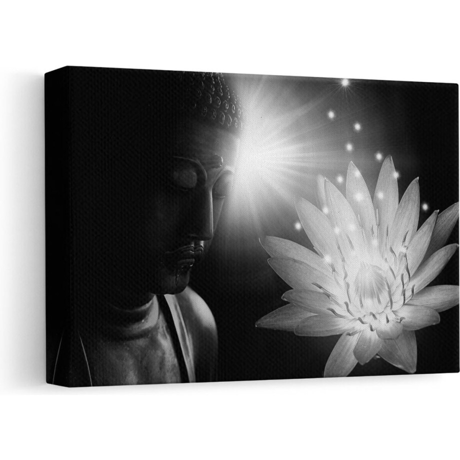 Artaza Canvas Schilderij Boeddha Beeld met Bloem - Zwart Wit - 30x20 - Klein - Foto Op Canvas - Canvas Print afbeelding 1