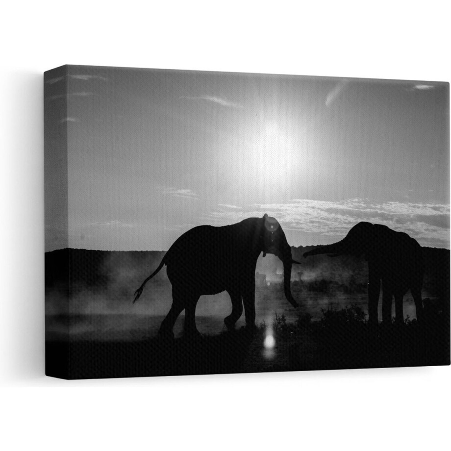 Artaza Canvas Schilderij Olifant Afrika - 30x20 cm - Klein - Wanddecoratie Silhouet - Muurdecoratie Zonsondergang - Kamer Accessoires afbeelding 1