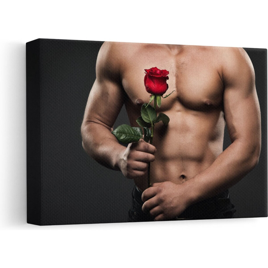 Artaza Canvas Schilderij Gespierde Man zonder Shirt met een Roos - Erotiek - 30x20 - Klein - Foto Op Canvas - Canvas Print afbeelding 1