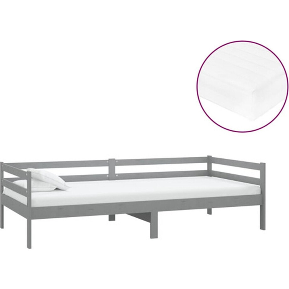 vidaXL - Slaapbank - met - matras - massief - grenenhout - grijs - 90x200 - cm vidaXL - Slaapbank - met - matras - massief - grenenhout - grijs - 90x200 - cm afbeelding 1