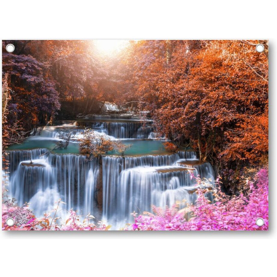 Prachtige waterval in natuur landschap van kleurrijke diepe bossen op een zomerdag - Tuinposter 70x50 - Wanddecoratie - Landschap - Natuur afbeelding 1