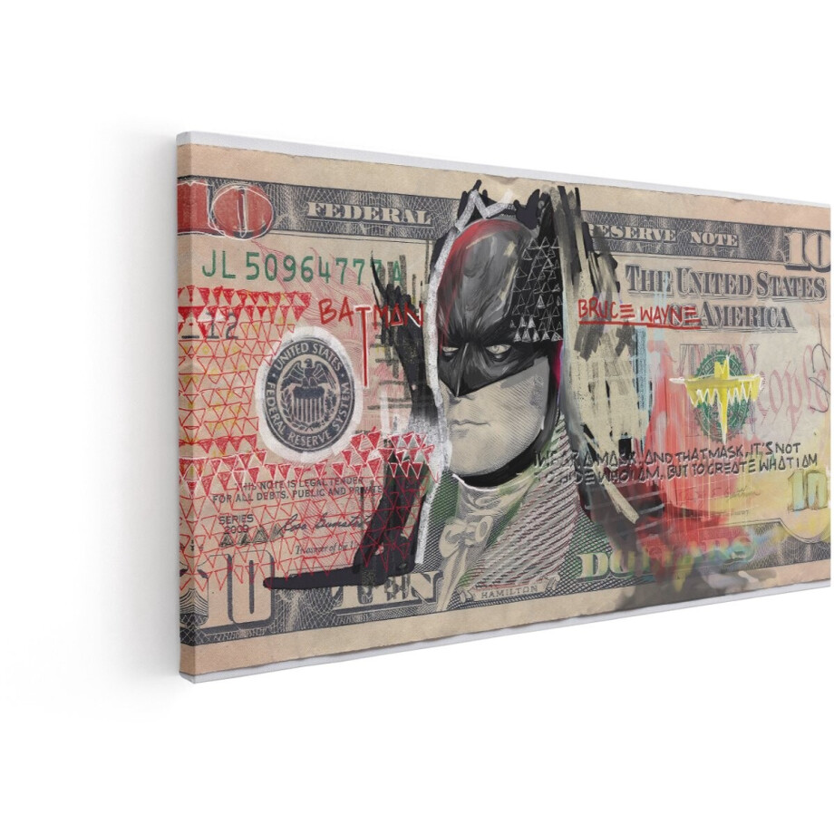 Artaza Canvas Schilderij Gedecoreerde Dollarbiljet met Batman-Afbeelding en Citaat van Bruce Wayne - 80x40 cm - Wanddecoratie Woonkamer - Schilderijen - Muurdecoratie afbeelding 1