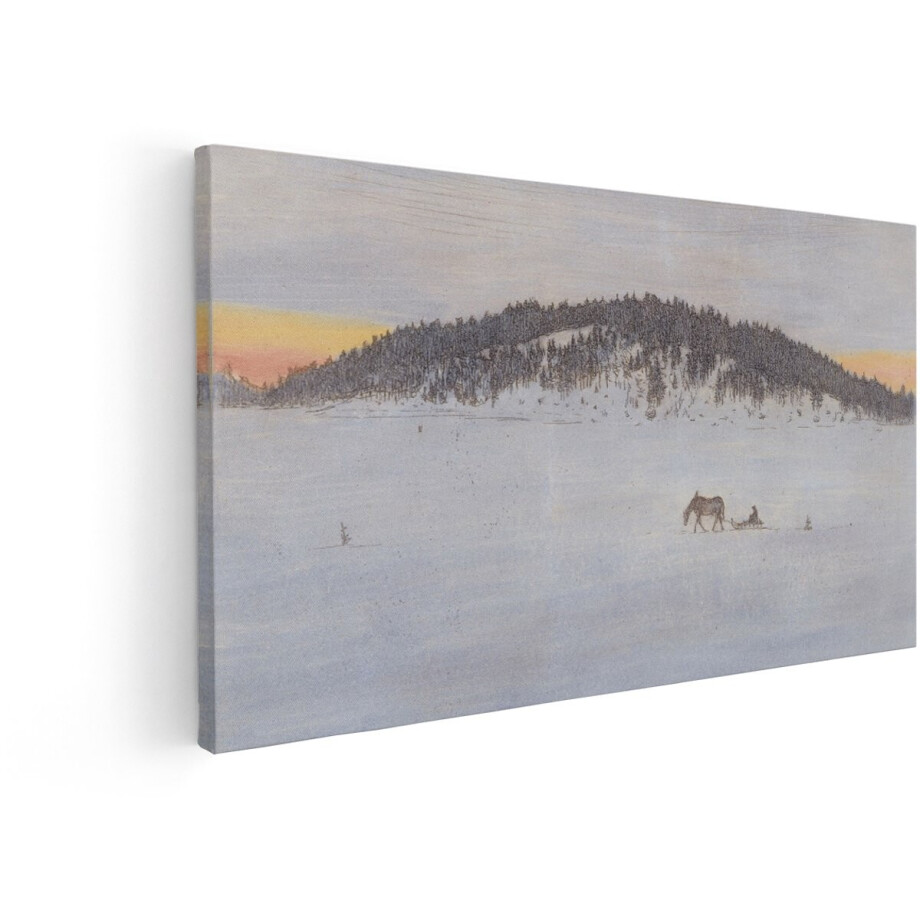 Artaza Canvas Schilderij Winterlandschap - 80x40 cm - Wanddecoratie Paard En Slee - Muurdecoratie Besneeuwd Bos - Decoratie Zonsopgang afbeelding 1