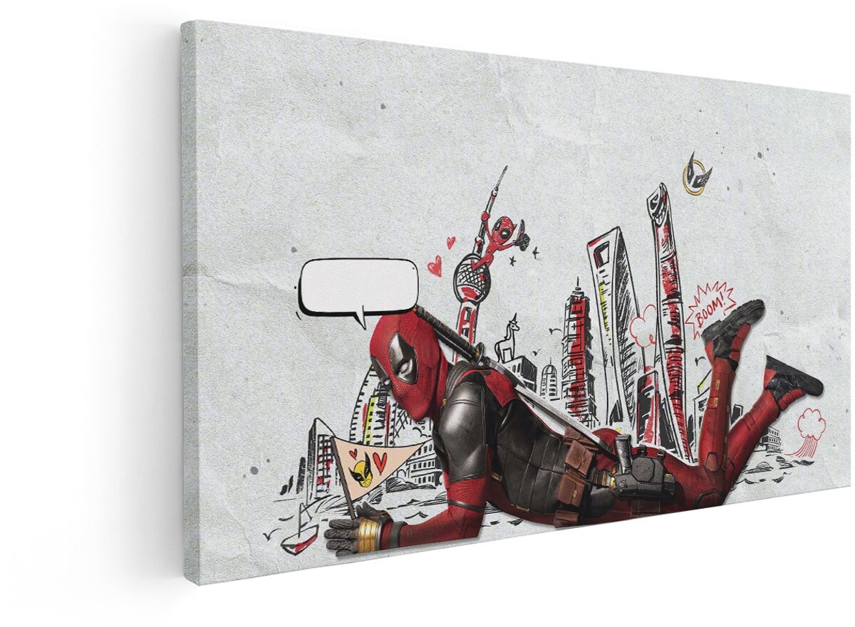 Artaza Canvas Schilderij Deadpool in een Getekende Stad met een Vlag van Wolverine en een Lege Spraakballon - 60x30 cm - Wanddecoratie Woonkamer - Schilderijen - Muurdecoratie afbeelding 1