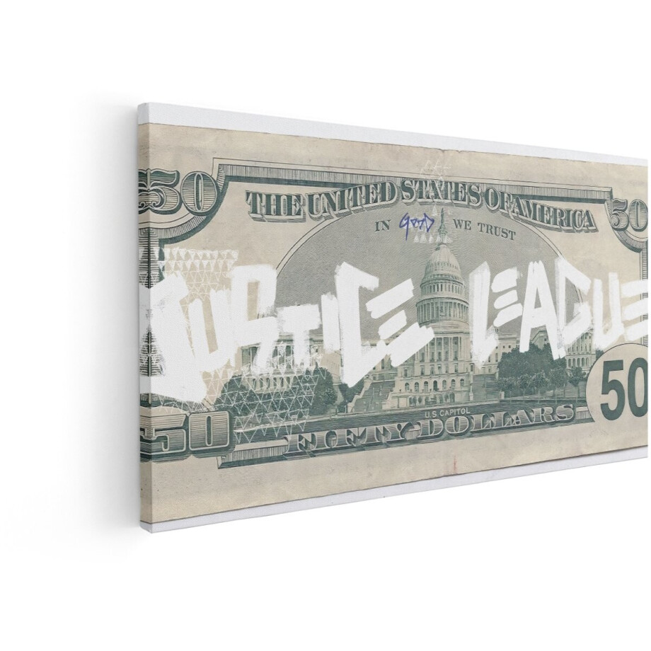 Artaza Canvas Schilderij Geld met Graffiti van "The League" op de Achterkant van een 50 Dollar Biljet - 120x60 cm - Groot - Wanddecoratie Woonkamer - Schilderijen - Muurdecoratie afbeelding 1