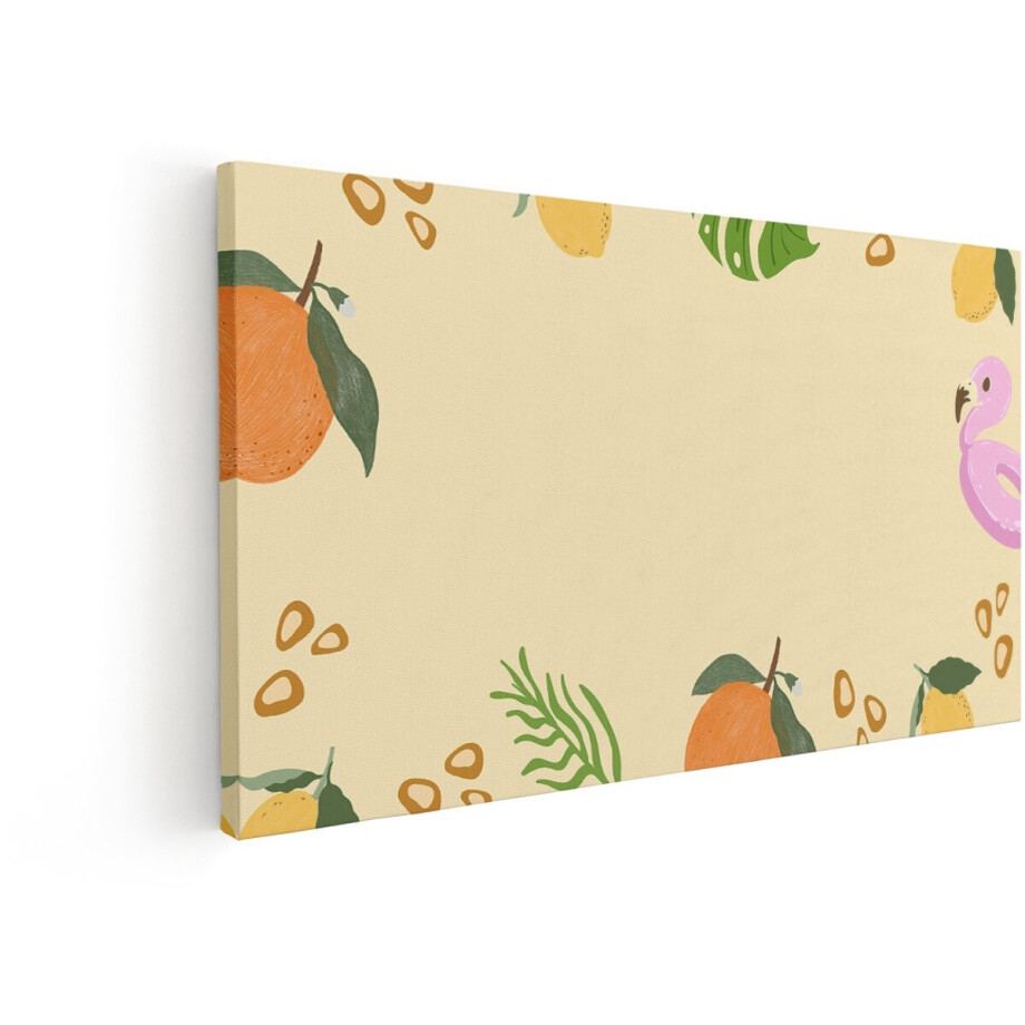 Artaza Canvas Schilderij Fruit - 80x40 cm - Wanddecoratie Kinderkamer - Muurdecoratie Citroen En Sinaasappel - Decoratie Flamingo Geel afbeelding 1