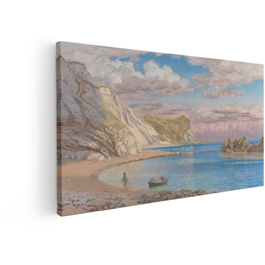 Artaza Canvas Schilderij Idyllisch Strandlandschap met Kliffen - Boot en Figuren bij Zonsondergang - 80x40 cm - Wanddecoratie Woonkamer - Schilderijen - Muurdecoratie afbeelding 1