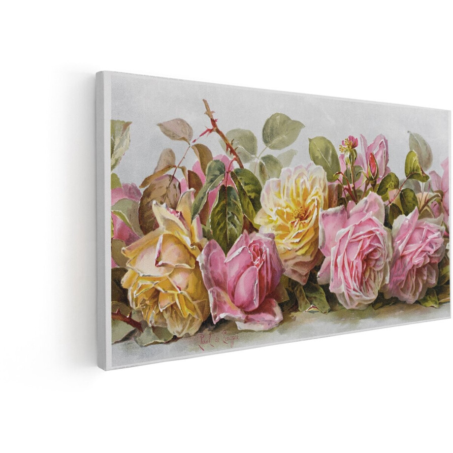 Artaza Canvas Schilderij Een Weelderige Aquarel van Roze en Gele Rozen met Bladeren en Doornen - 80x40 cm - Wanddecoratie Woonkamer - Schilderijen - Muurdecoratie afbeelding 1