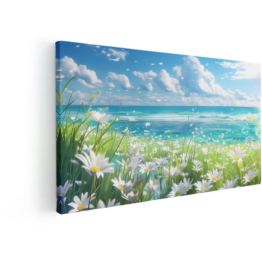 Artaza Canvas Schilderij Bloemen - 100x50 cm - Wanddecoratie Madeliefjes - Muurdecoratie Zee - Decoratie Natuur Landschap afbeelding 1