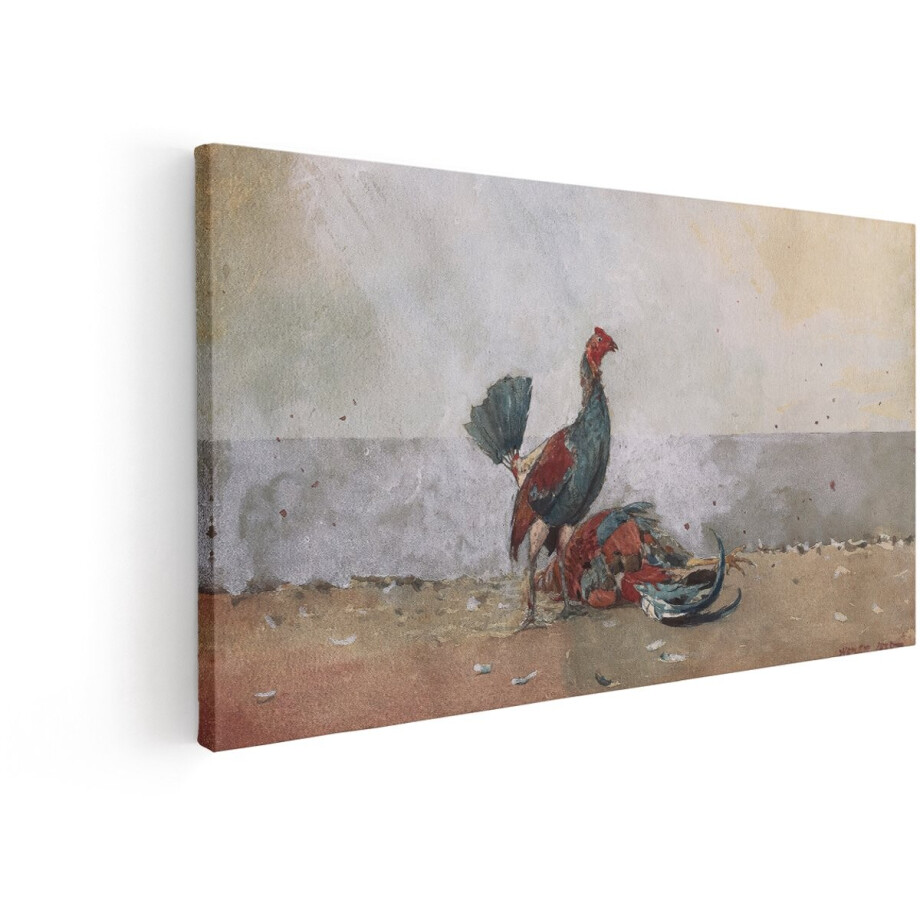 Artaza Canvas Schilderij Twee Hanen Vechten in een Arena - een Staande en een Liggende op de Grond - 80x40 cm - Wanddecoratie Woonkamer - Schilderijen - Muurdecoratie afbeelding 1