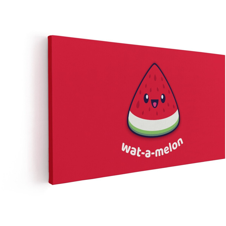 Artaza Canvas Schilderij Schattige Watermeloen met een Blij Gezicht en de Tekst 'Wat-A-Melon' - 80x40 cm - Wanddecoratie Woonkamer - Schilderijen - Muurdecoratie afbeelding 1
