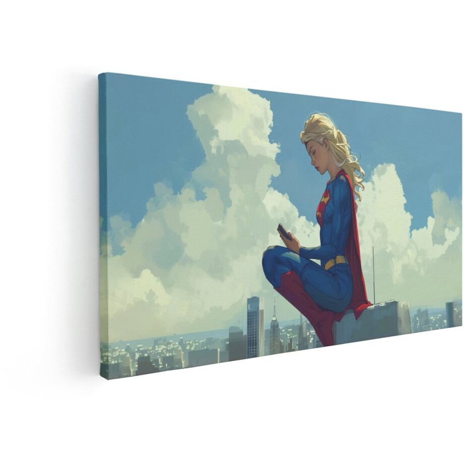 Artaza Canvas Schilderij Supergirl Zit op een Dak in de Stad en Kijkt Naar haar Telefoon - 120x60 cm - Groot - Wanddecoratie Woonkamer - Schilderijen - Muurdecoratie afbeelding 1