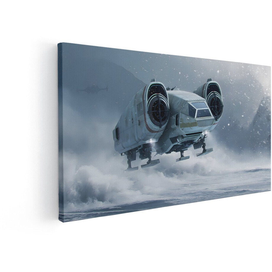 Artaza Canvas Schilderij Futuristisch Ruimteschip Zweeft boven Besneeuwd Landschap met Mist - 60x30 cm - Wanddecoratie Woonkamer - Schilderijen - Muurdecoratie afbeelding 1