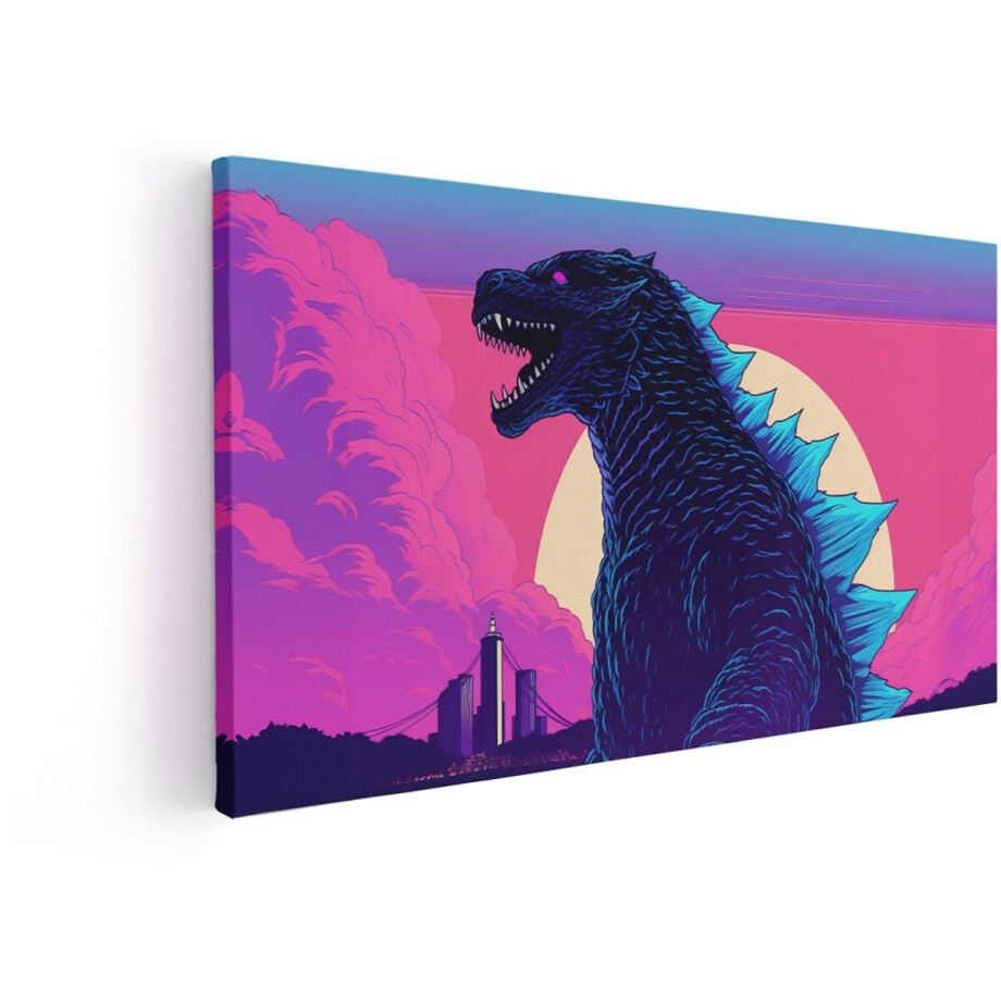 Artaza Canvas Schilderij Godzilla - 120x60 cm - Wanddecoratie Monster Film - Muurdecoratie Retro Skyline - Decoratie Zonsondergang Jongenskamer afbeelding 1
