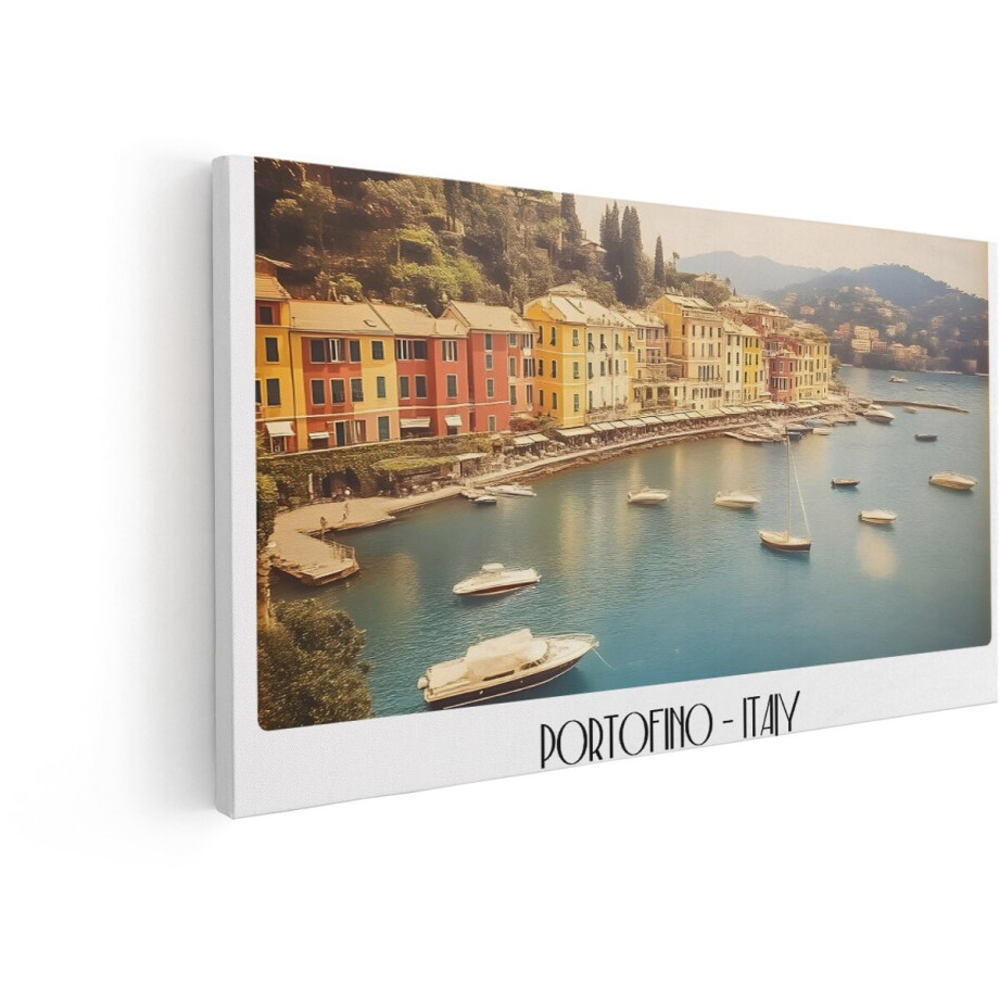 Artaza Canvas Schilderij Portofino Italië - 80x40 cm - Wanddecoratie Haven - Muurdecoratie Kleurrijke Gebouwen - Decoratie Boten - Schilderijen Op Canvas afbeelding 1