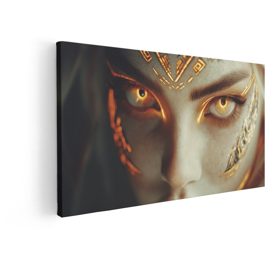 Artaza Canvas Schilderij Vrouw - 120x60 cm - Wanddecoratie Goud - Muurdecoratie Gouden Ogen - Decoratie Mystiek - Zwart Goud afbeelding 1