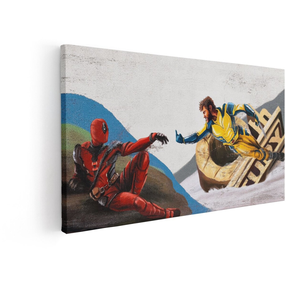 Artaza Canvas Schilderij Deadpool en Wolverine in Parodie op "De Schepping van Adam" - 120x60 cm - Groot - Wanddecoratie Woonkamer - Schilderijen - Muurdecoratie afbeelding 1