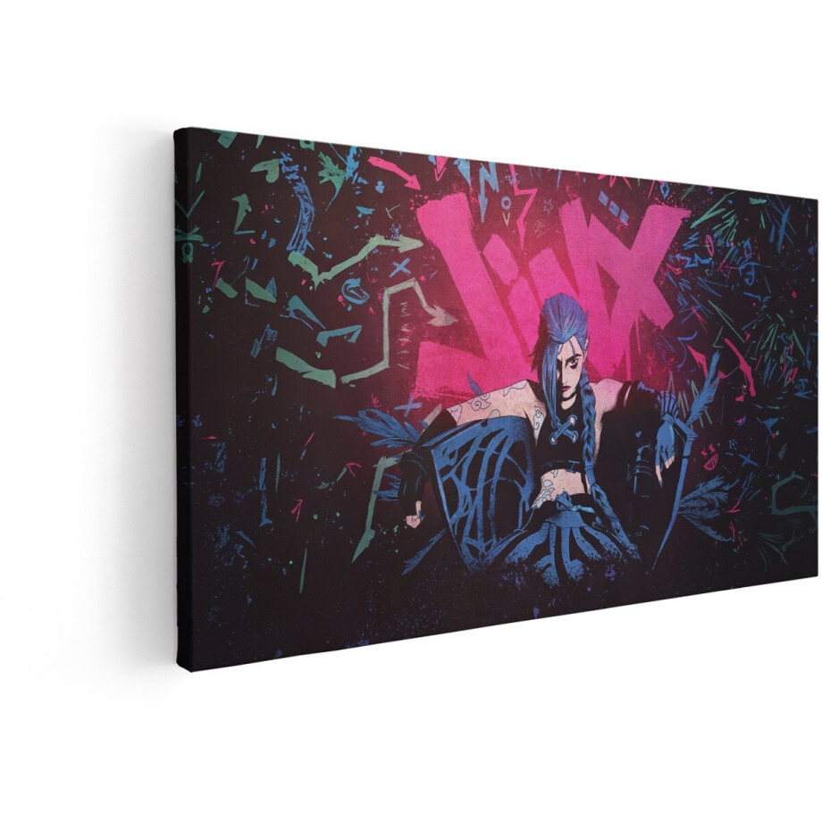 Artaza Canvas Schilderij Jinx Uit Arcane Zit Zelfverzekerd tegen een Levendige Graffiti-Achtergrond - 80x40 cm - Wanddecoratie Woonkamer - Schilderijen - Muurdecoratie afbeelding 1