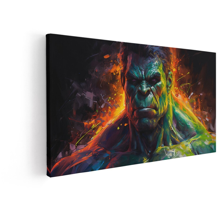 Artaza Canvas Schilderij Krachtige Groene Superheld met Intense Uitdrukking en Explosieve Achtergrond - 60x30 cm - Wanddecoratie Woonkamer - Schilderijen - Muurdecoratie afbeelding 1