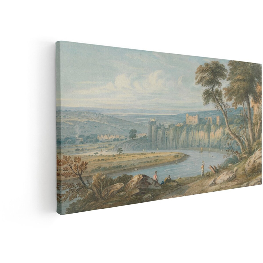 Artaza Canvas Schilderij Schilderachtige Rivierlandschap met een Kasteel op een Klif en Mensen aan de Oever - 80x40 cm - Wanddecoratie Woonkamer - Schilderijen - Muurdecoratie afbeelding 1