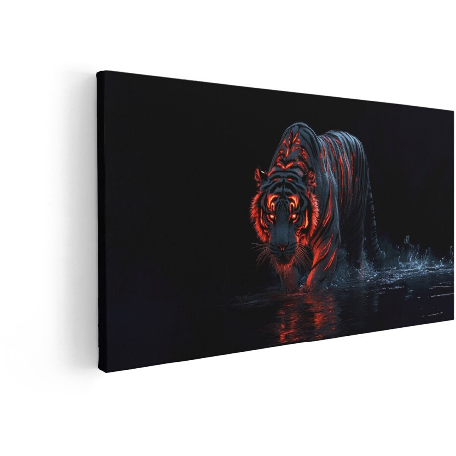 Artaza Canvas Schilderij Vlammende Tijger met Gloeiende Strepen Loopt door Donker Water - 60x30 cm - Wanddecoratie Woonkamer - Schilderijen - Muurdecoratie afbeelding 1