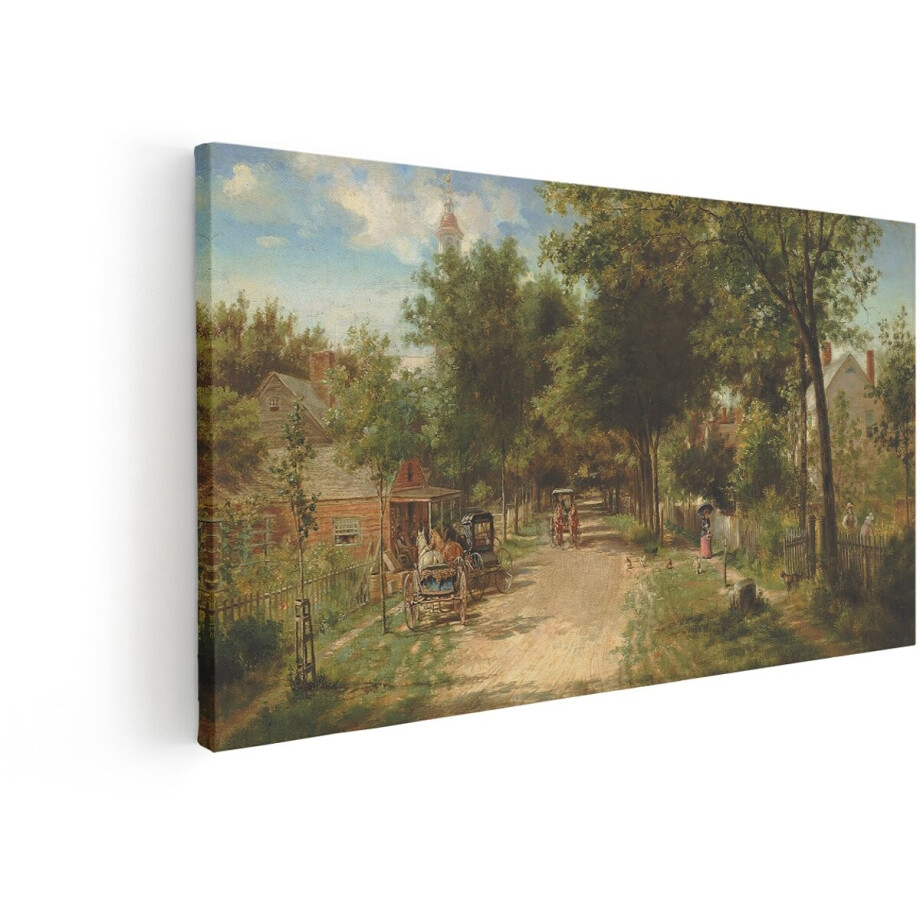 Artaza Canvas Schilderij Landschap - 100x50 cm - Wanddecoratie Landelijk Dorp - Muurdecoratie Paard En Wagen - Schilderijen Op Canvas Natuur afbeelding 1