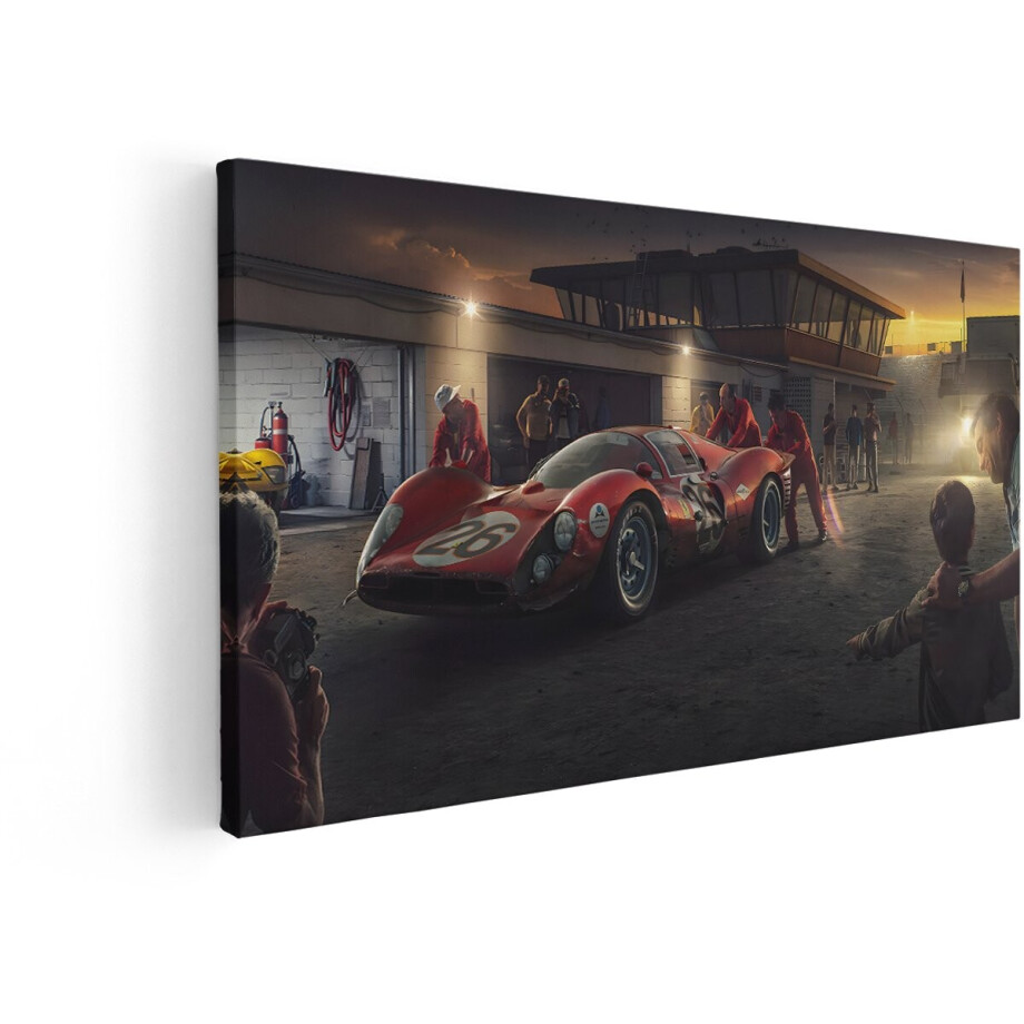Artaza Canvas Schilderij Raceteam Duwt een Vintage Ferrari 312P bij Zonsondergang de Pitgarage In - 100x50 cm - Wanddecoratie Woonkamer - Schilderijen - Muurdecoratie afbeelding 1