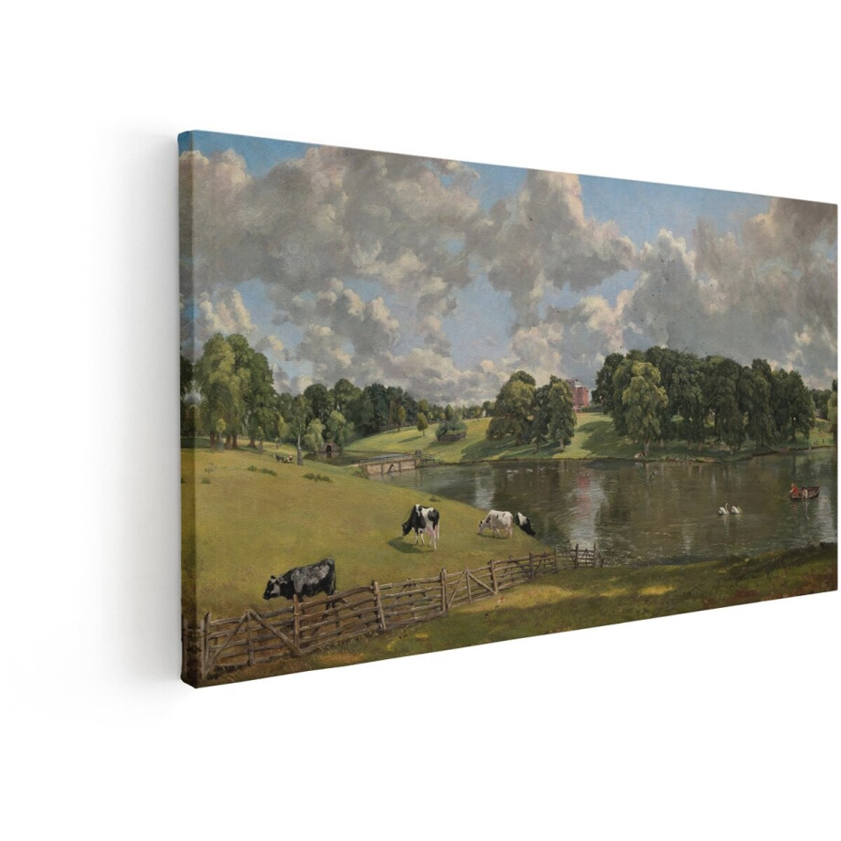 Artaza Canvas Schilderij Idyllisch Landschap met Koeien - Zwanen en een Boot op een Zonnige Dag - 100x50 cm - Wanddecoratie Woonkamer - Schilderijen - Muurdecoratie afbeelding 1